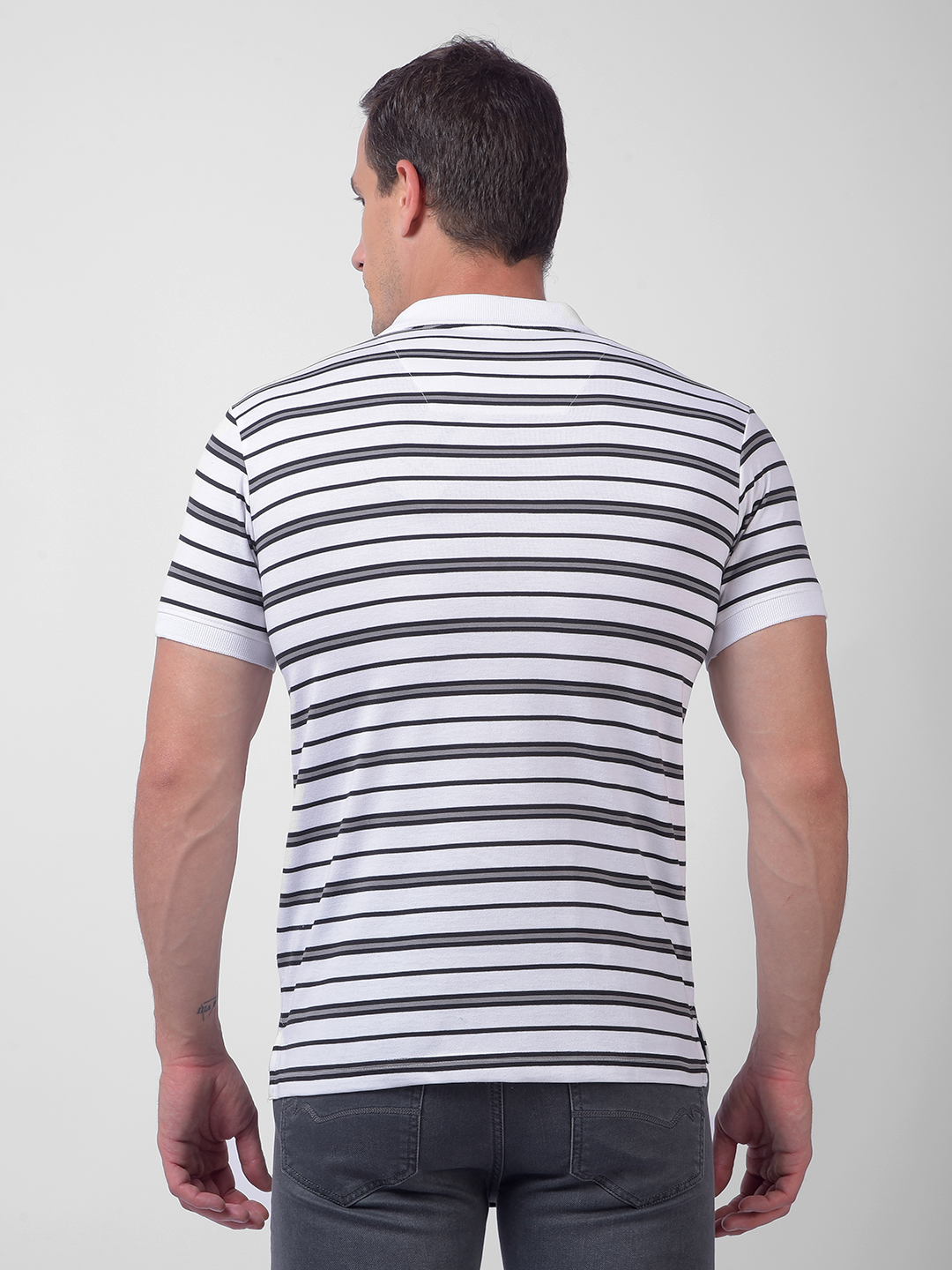 Numero Uno Men White & Black Striped Polo Neck T-Shirt